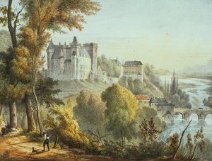 Uitzicht op de brug bij Jurancon en Chateau Pau, gegraveerd door Gerard Rene Le Vilain door Jean Joseph Jules Defer